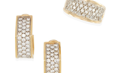 A PAIR 14K BI-COLOR GOLD AND DIAMOND EARRINGS AND RING...