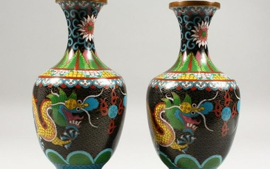 A PAIR OF 20TH CENTURY CHINESE CLOISONNE DRAGON VASES