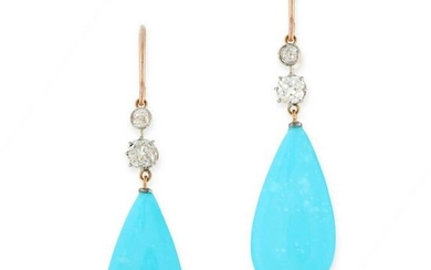 A PAIR OF ANTIQUE TURQUOISE AND DIAMOND EARRINGS in