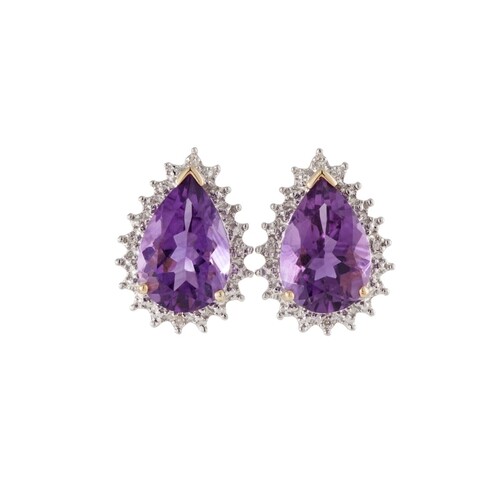 A PAIR OF DIAMOND AND AMETHYST CLUSTER EARRINGS, pear shaped...