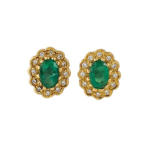 A PAIR OF DIAMOND AND EMERALD EARRINGS, oval cluster form, m...