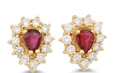 A PAIR OF DIAMOND AND RUBY CLUSTER EARRINGS, the pear shaped...