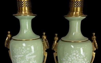 A PAIR OF FRENCH PATE SUR PATE PORCELAIN & DORE BRONZE LAMPS