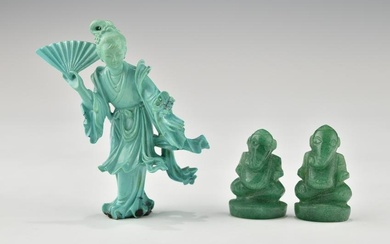 A PAIR OF GEMSTONE GANESH AND A TURQUOISE COLOR FEMALE FIGURINE