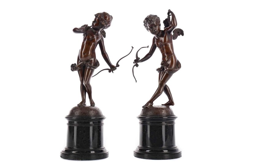 A PAIR OF LATE 19TH CENTURY BRONZE FIGURES OF CUPID WITH A BOW
