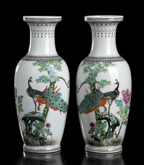 A PAIR OF PORCELAIN BALUSTER VASES WITH POLYCHROME