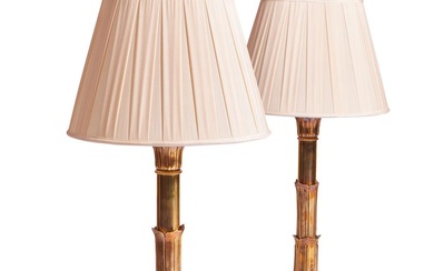 A PAIR OF WILLIAM IV STYLE GILT BRASS LAMPS, MODERN