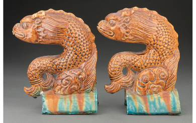 A Pair of Chinese Porcelain Dolphin Roof Tiles (Late Ming Dynasty)