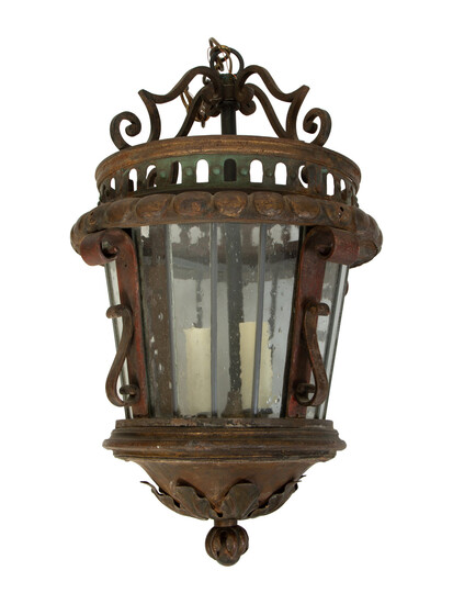 A Pair of Continental Iron Lanterns with Leaded Glass Panels