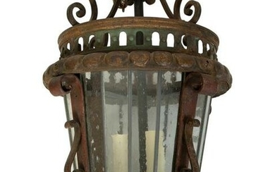 A Pair of Continental Iron Lanterns with Leaded Glass