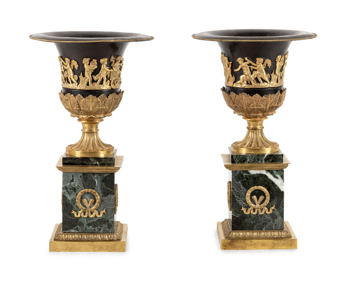 A Pair of Empire Style Gilt Bronze and Tôle Marble Urns