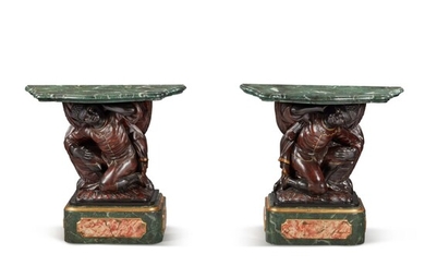 A Pair of Faux Marble Top Figural Console Tables