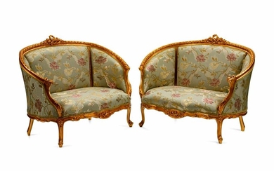 A Pair of Louis XV Style Giltwood Petit Canapes Height
