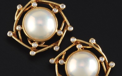 A Pair of Mabe Pearl and Diamond Earrings