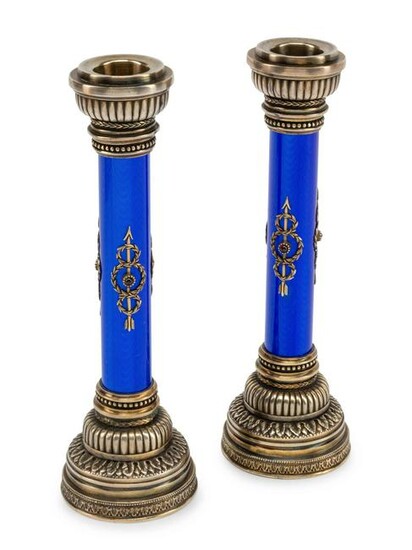 A Pair of Silver and Guilloche Enamel Candlesticks in a