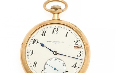 A Patek, Philippe 14k gold open-face pocket watch. C. 1900–1920. Weight 77 g. Case diam. 50 mm.