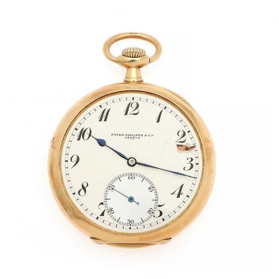 A Patek, Philippe 14k gold open-face pocket watch. C. 1900–1920. Weight 77 g. Case diam. 50 mm.