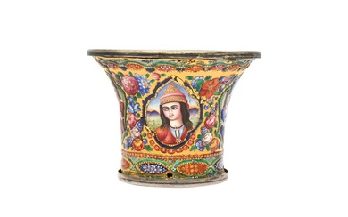 A QAJAR POLYCHROME-PAINTED ENAMELLED GOLD QALYAN CUP WITH MOTHER AND CHILD AND DERVISH PORTRAITS Iran, 19th century