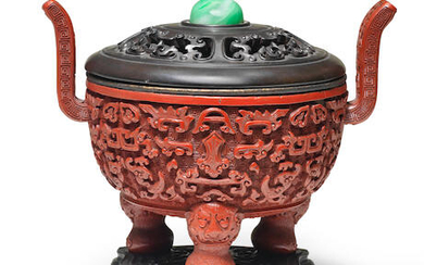A RARE CINNABAR LACQUER CARVED TRIPOD INCENSE BURNER, DING