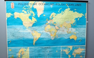A RARE LINEN BACKED POLSKIE LINE - WOODEN MOUNTED OCEAN LINES WORLD MAP