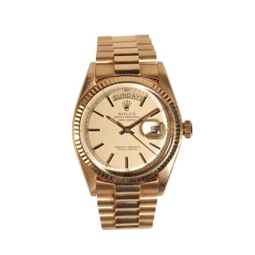 A ROLEX OYSTER PERPETUAL DAY-DATE 18CT GOLD GENTLEMAN'S BRAC...