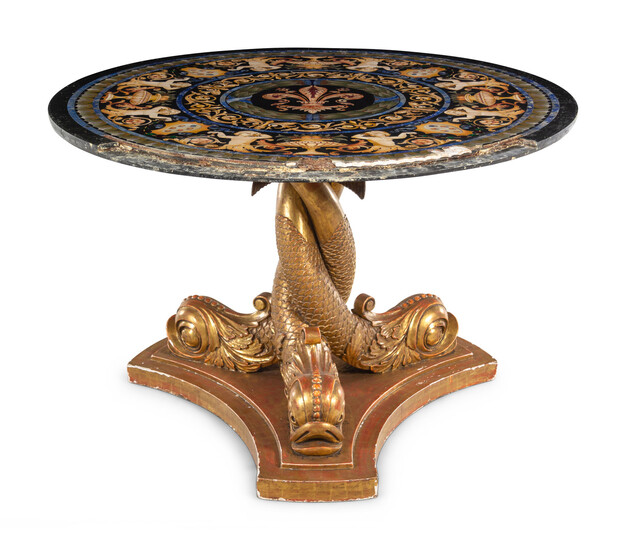 A Regency Style Giltwood Center Table with a Pietra Dura Top