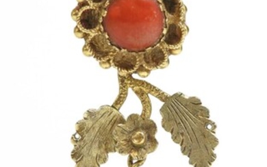 A Regency gold and coral foliate drop pendant