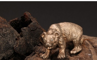 A Russian cast silver miniature model, of a bear, diamond ey...
