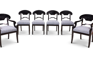 A SET OF SIX EBONISED DINING CHAIRS, PROBABLY FRENCH, 19TH CENTURY