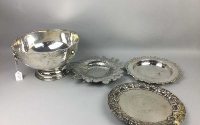 A SILVER PLATED PUNCH BOWL AND THREE SILVER PLATED DISHES