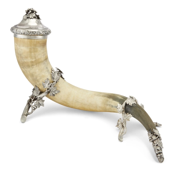 A SWEDISH SILVER-MOUNTED LARGE OX HORN CUP AND COVER MARK OF GUSTAV MOLLENBORG, STOCKHOLM, 1865
