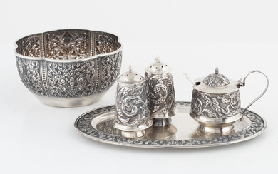 A Sterling Silver Cruet Set and a Bowl, Thailand