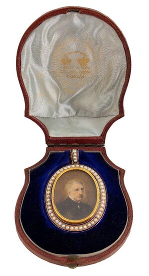 A Victorian gold and half-pearl locket, the central locket compartment enclosing a painted photograph portrait of a gentleman, within half-pearl single-row border with dark blue enamel edging, the reverse engraved in Gothic lettering 'Eleanor from...