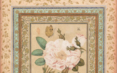 A bird perched in a rose bush, with butterflies round about (Gul-o Bulbul), signed by Muhammad 'Ali, Qajar Persia, dated [1]273/AD 1856-57