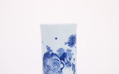 A blue and white brush pot with narrative figures