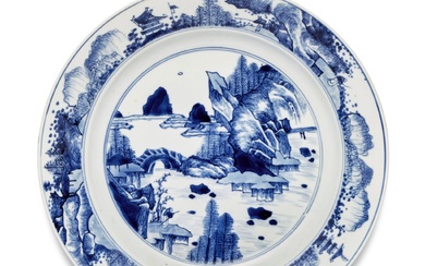 A blue and white 'landscape' dish, Qing dynasty, Kangxi period...