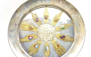 A cased commemorative silver gilt plate for the 25th Anniversary of the Coronation