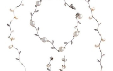 A cultured pearl necklace, bracelet and pair of earrings, of branch design decorated with cultured pearls and diamond points, length 42cm, 18cm and 3cm