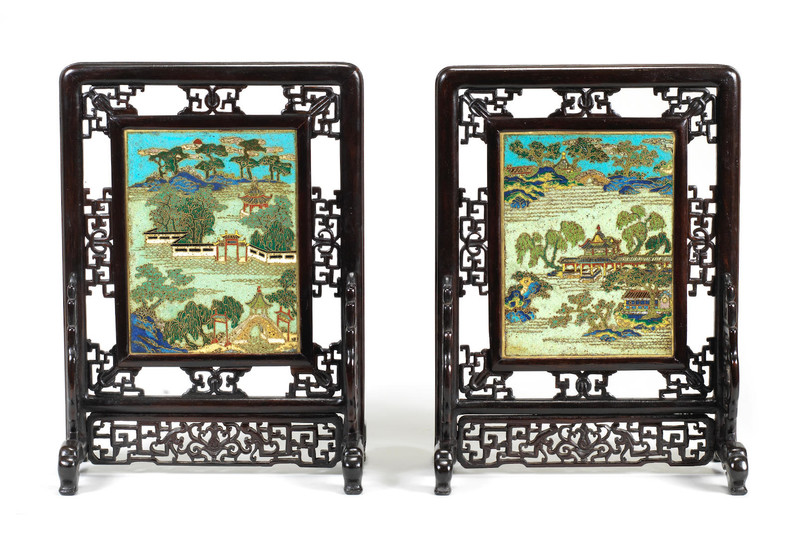A fine pair of cloisonné-enamel double-sided table screens