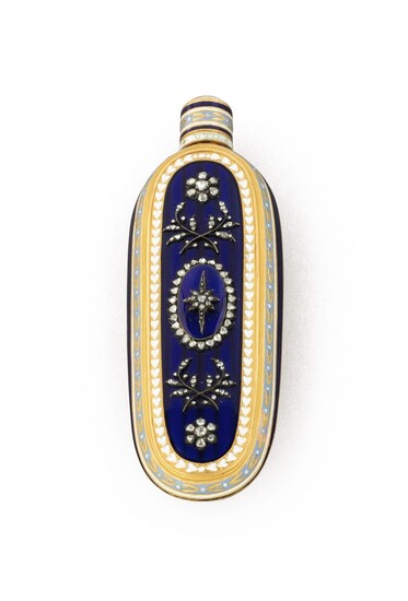 A gold-mounted blue and white enamel scent bottle, in the manner of James Morriset, English, circa 1780