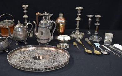 A large collection of Silver plated and other metal items, Candle sticks, Tea pots,trays etc 46 x 30