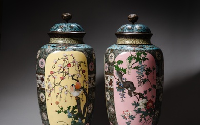 A large pair of cloisonné enamel vases and covers, Japan,...