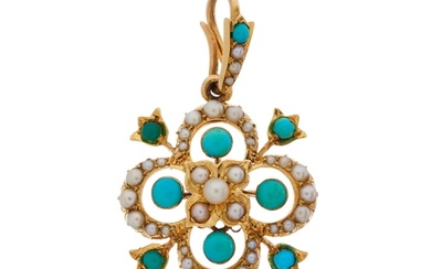 A late Victorian 18ct gold turquoise and pearl openwork pend...