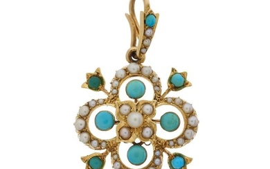 A late Victorian 18ct gold turquoise and pearl openwork pendant