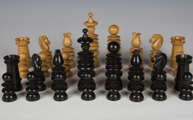 A late Victorian St George pattern boxwood and ebonized chess set, height of king 10.8cm (some fault