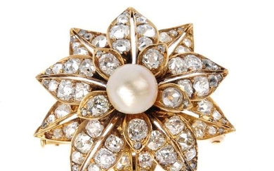 A late Victorian natural pearl and diamond brooch. Of