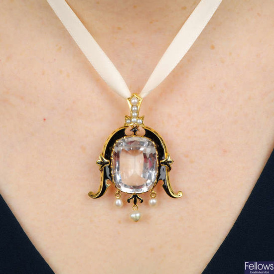 A light pink topaz, enamel, pearl and split pearl pendant.