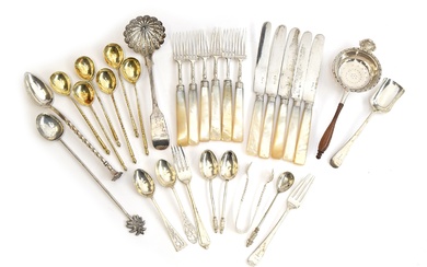 A mixed lot of mostly silver flatware, to include a set of s...