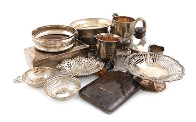 A mixed lot of silver items, various dates and makers, comprising: a hip flask, by Mappin and Webb, Sheffield 1918, a silver-mounted glass spirit flask, with a pull-off drinking cup, London 1895, a mug, Birmingham 1937, a modern wine coaster, a two...