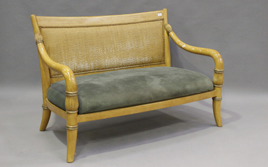 A modern Empire style beech framed settee, height 90cm, width 141cm, depth 78cm, with matching armch
